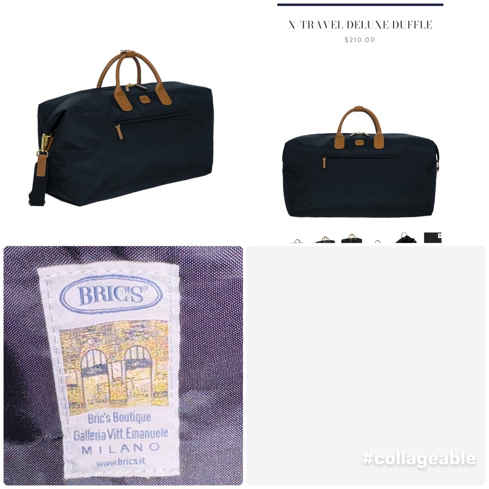 Bric's Navy and Brown Duffel Bag with Leather Handles and Zipper Closure